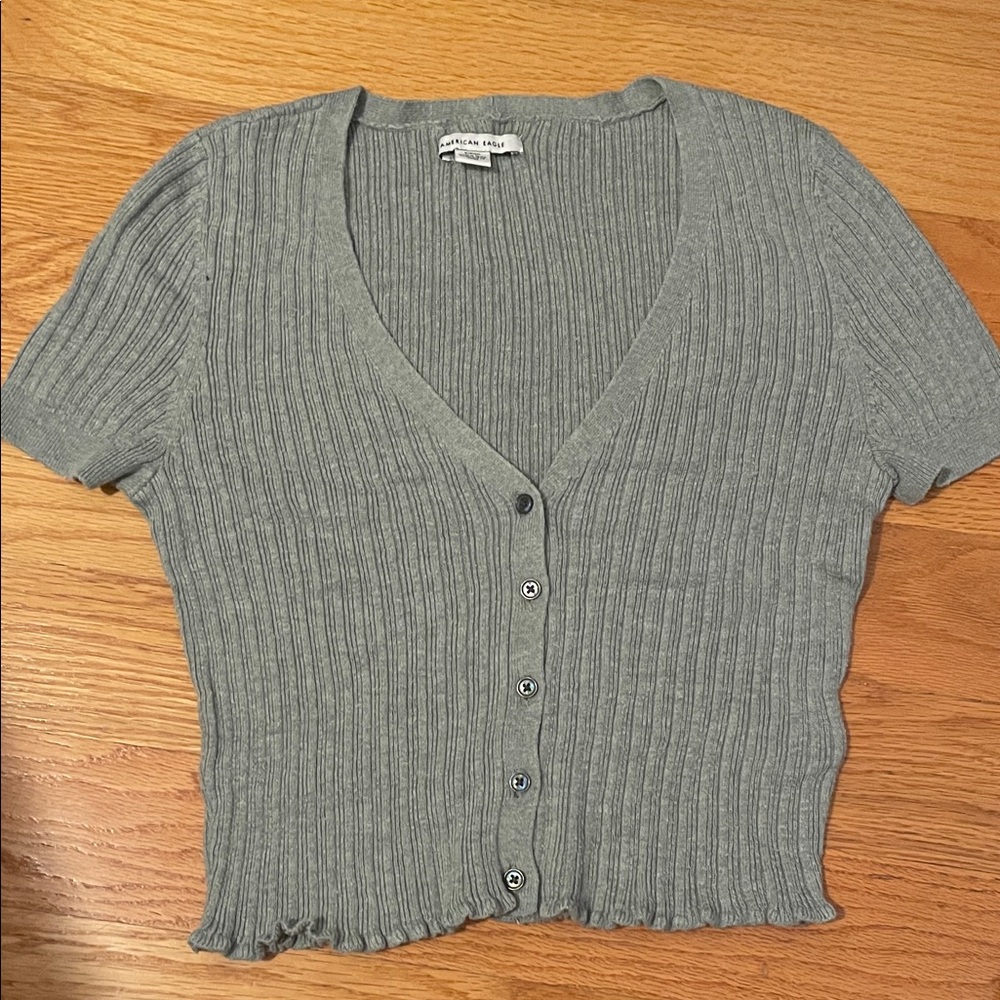 Gray Button-Up Ribbed Top